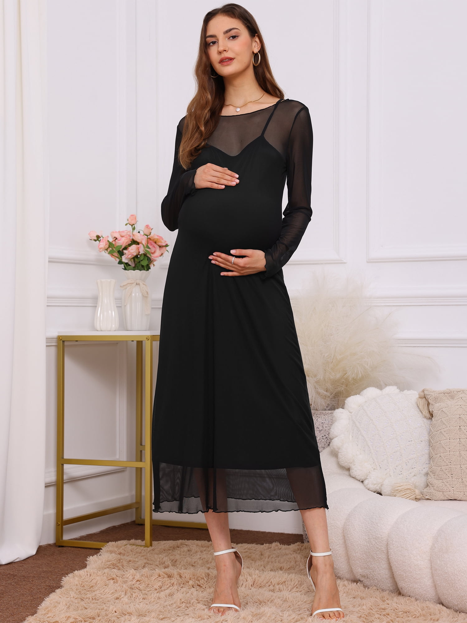 DARING DIVA Women's Maternity Mesh Dress 2-Piece Bodycon Fall Wedding Party XL Black
