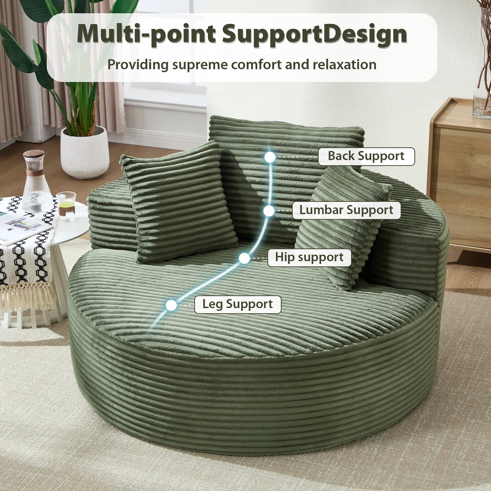 Aukfa Oversized Round Chaise Longue Chair Indoor, 56-inch Upholstered Corduroy Deep Seat Circle Cloud Sofa Chair, Green