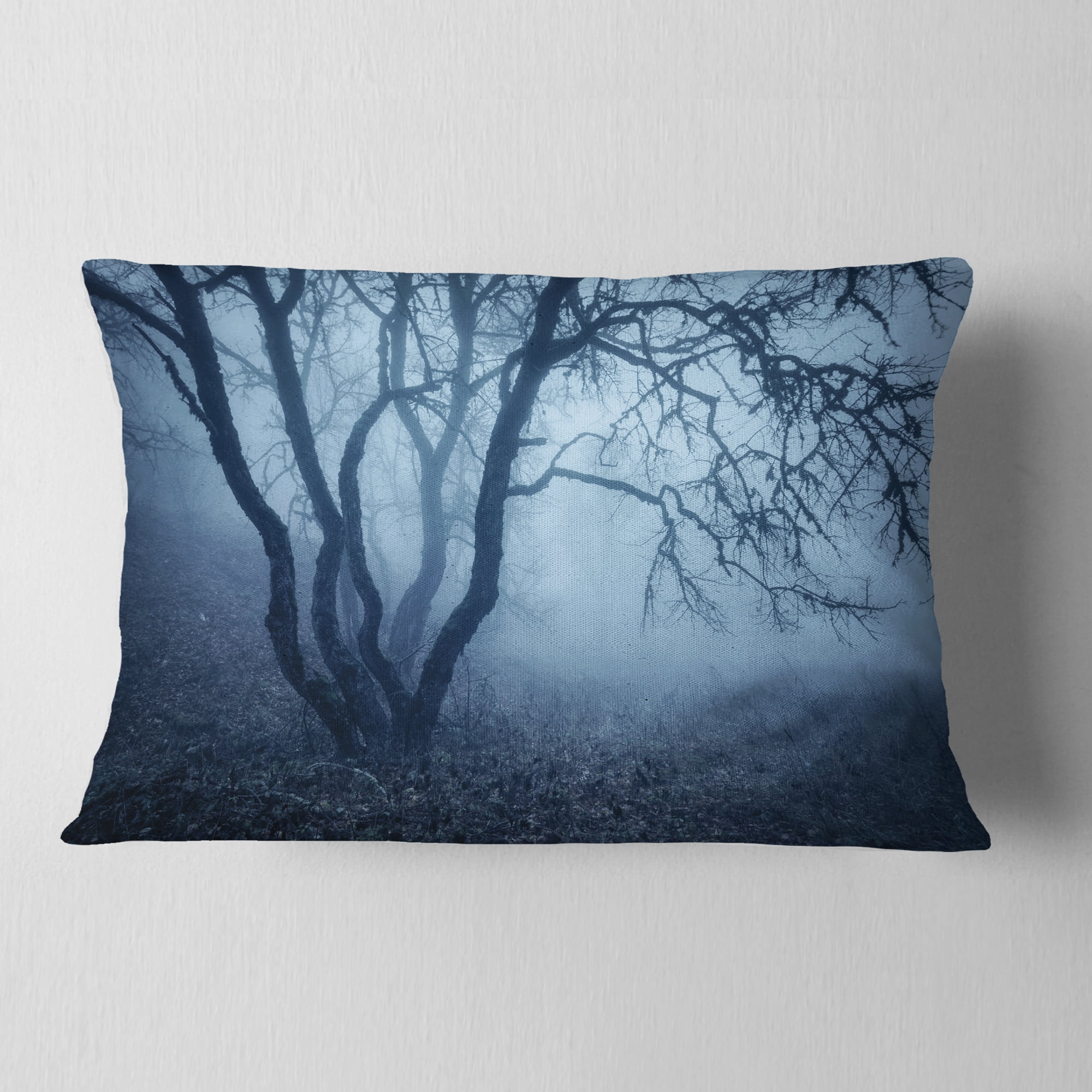 Designart Tree in Foggy Dark Forest - Landscape Photography Throw Pillow - 12x20