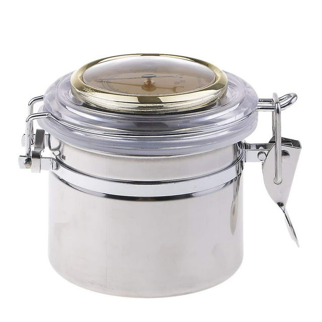 Lata de tabaco de tubo de acero inoxidable profesional con higrómetro y humidificador Caja de sellado de humedad Tanque de olla a prueba de aire de humedad (1 pieza, Plata)