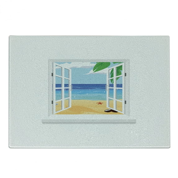 Beach Cutting Board, View from Window Ocean with Coconut Leaves Starfish Cartoon Illustration, Decorative Tempered Glass Cutting and Serving Board, Small Size, Blue Sand Brown White, by Ambesonne