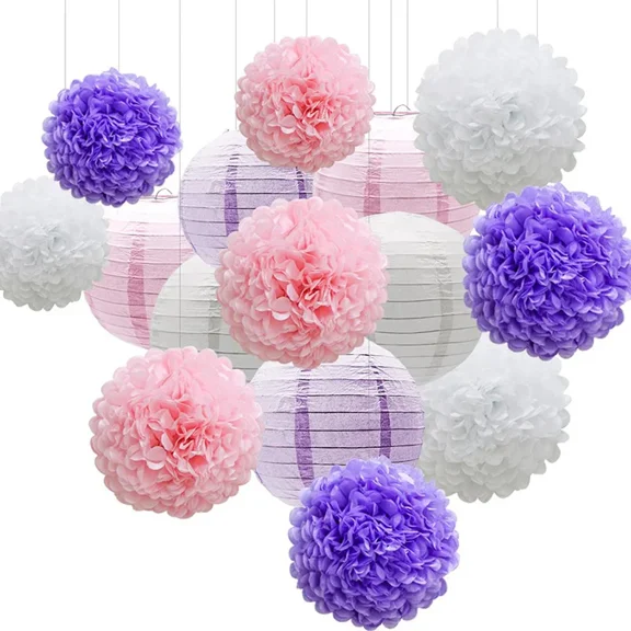 15pcs/Set Holiday Festival Decor Pink Purple White Paper Pom Poms Paper Lantern  8 10 Baby Baptism Birthday Party Favor Acces