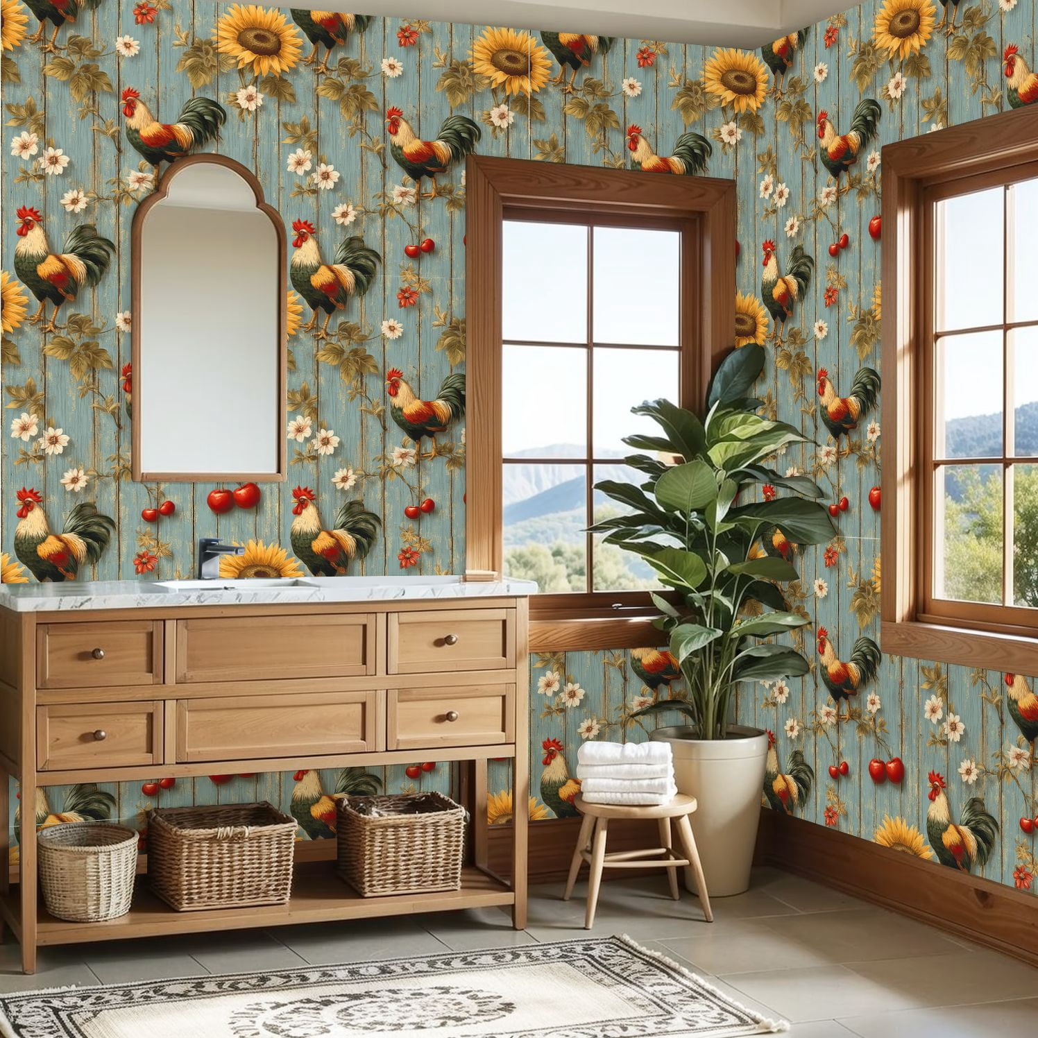 Chicken Peel and Stick Wallpaper Rooster Sunflower Rustic Farmhouse Blue Wooden Wall Mural 23.6in x 9.8ft Self Adhesive Removable Wall Paper Renter Friendly Wallpaper for Nursery Bedroom Cabinets
