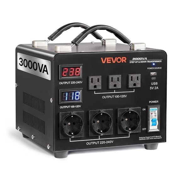 VEVOR Voltage Auto Converter Transformer, 3000W, Heavy Duty Step Up/Down Power Transformer, 110V to 220V and 220V to 110V, with 3 US Outlets, 3 EU Outlets, LCD Display, Circuit Breaker Protection