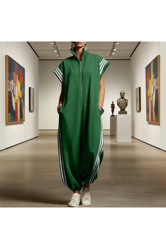 Women's Jumpsuit with Zipper, Stand Collar Striped Color-Block Pleated Wide Leg Romper, Casual Chic One-Piece Pants for Travel and Daily Wear
