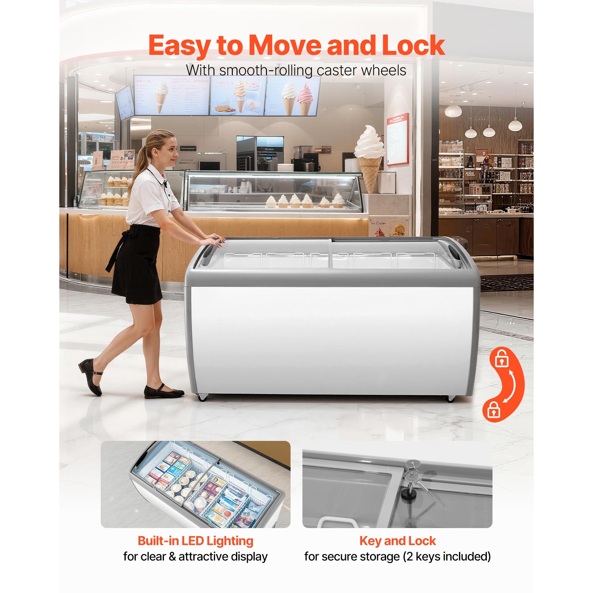 KFFKFF Commercial Ice Cream Display Case, 16.3 Cu.ft Chest Freezer, Adjustable Temperature -19 to 3℉, Mobile Deep Freezer with 5 Wire Baskets, Sliding Glass Doors, Locking Casters & LED Lighting