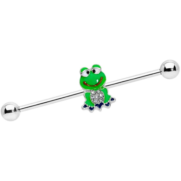 Womens 14G 316L Stainless Steel Helix Cartilage Clear Accent Green Frog Industrial Barbell 1 1/2"