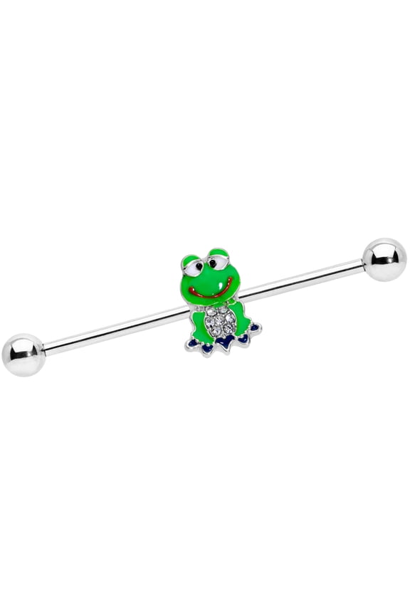 Womens 14G 316L Stainless Steel Helix Cartilage Clear Accent Green Frog Industrial Barbell 1 1/2"