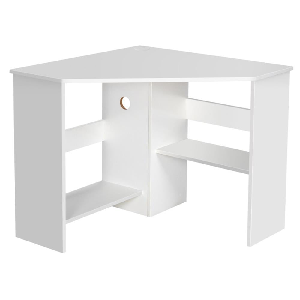 Demi Bonn Corner Computer Desk Triangle Writing Workstation with Storage Shelf, Small Home Office Desk Study Gaming Table, White