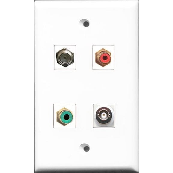 RiteAV 1 Port RCA Red and 1 Port RCA Green and 1 Port Coax Cable TV- F-Type and 1 Port BNC Wall Plate
