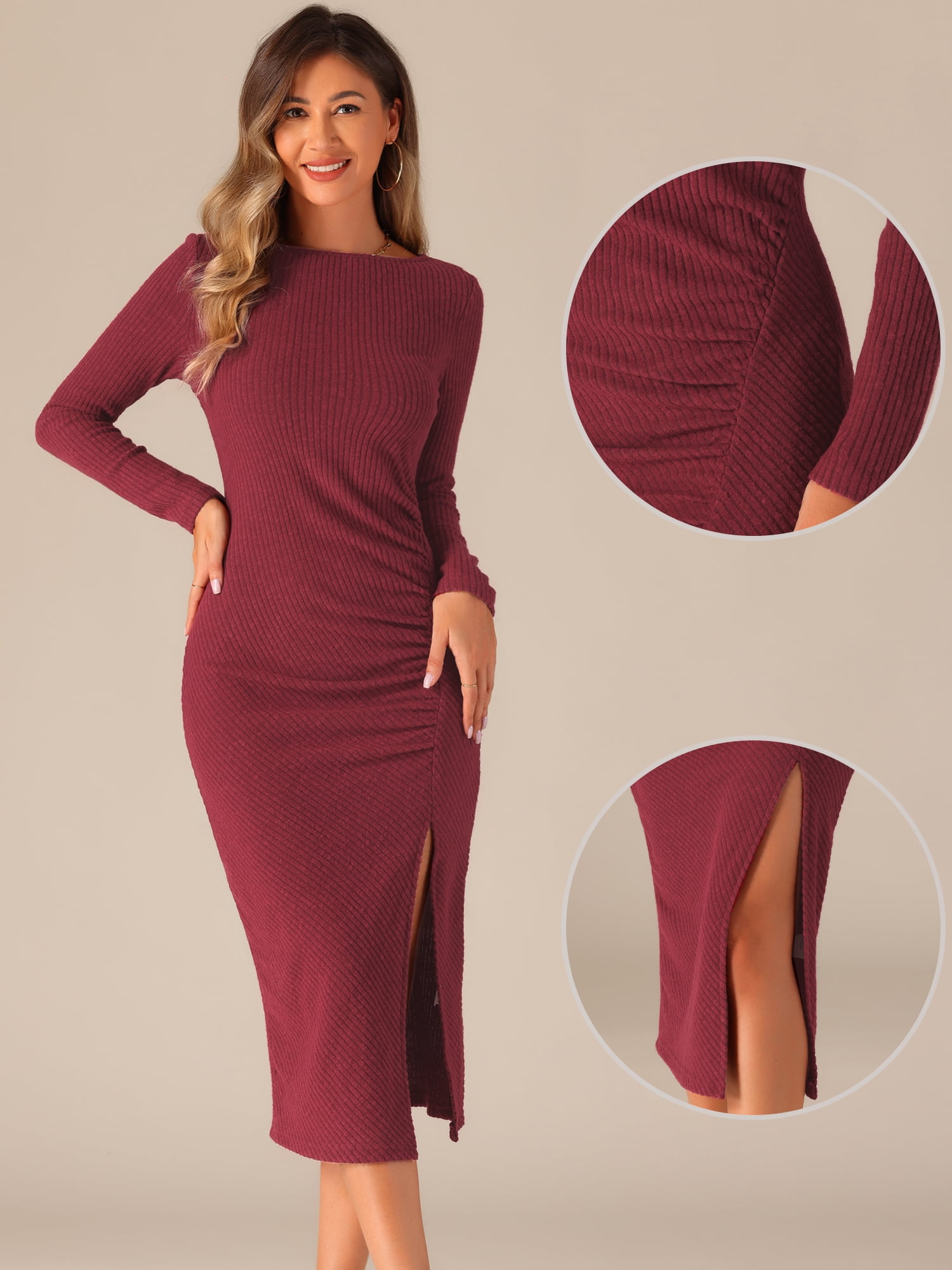 DARING DIVA Casual Bodycon Long Sleeve Midi Dress S Dark Red