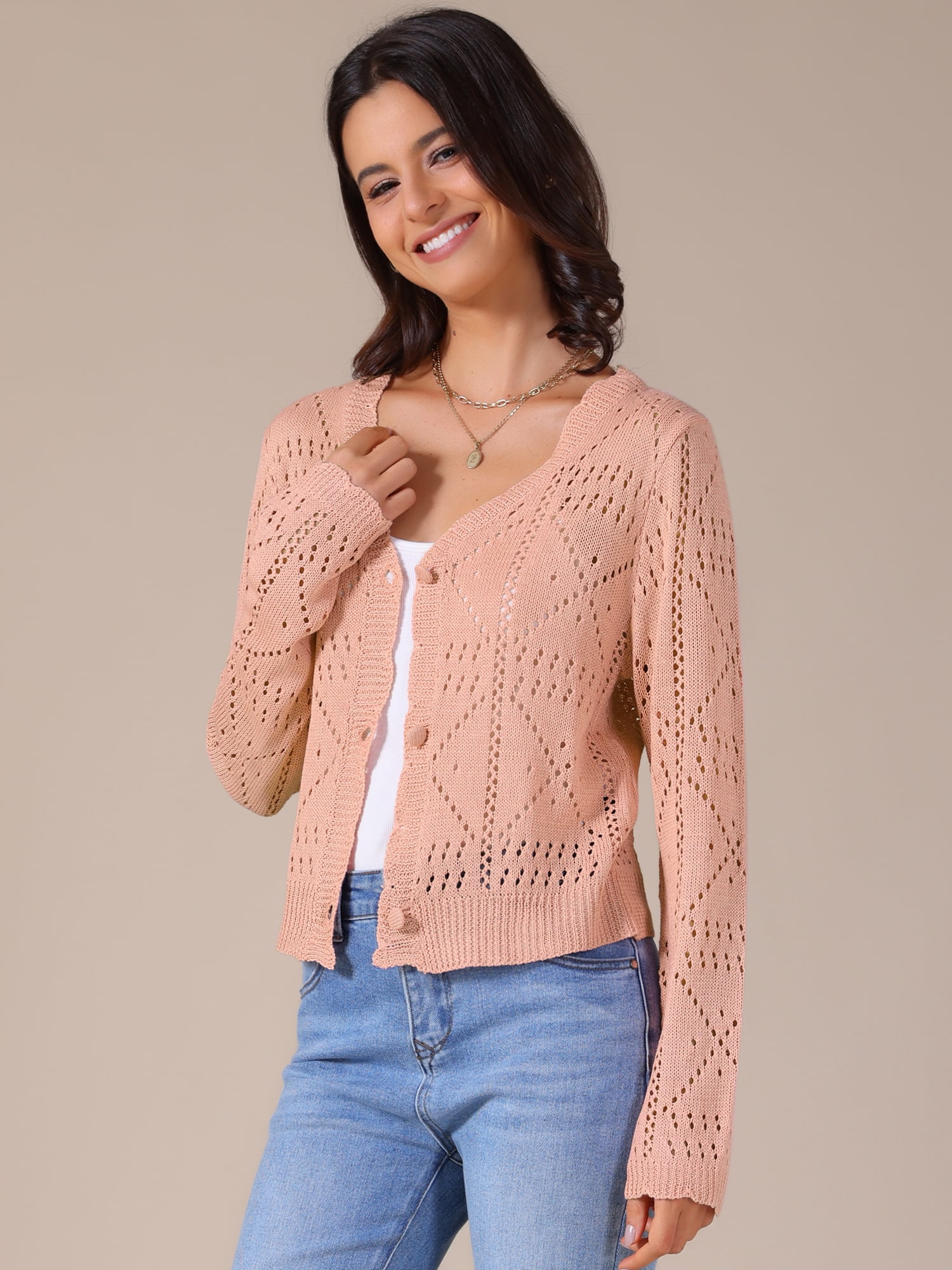 DARING DIVA Women's Long Sleeve Cropped Knit Button Up Crochet Cardigan S Peach Pink