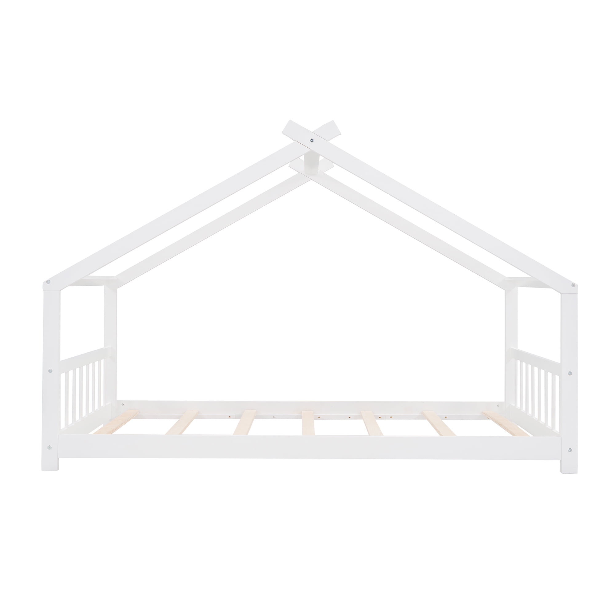 Aukfa Twin Size Wood House Beds Frame - Floor Bed Twin Platform Bed for Kids Teens Bedroom - White