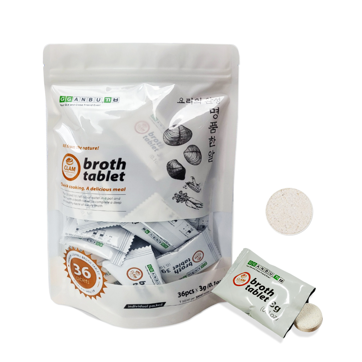 GGANBU Broth tablet Clam flavor, 0.1oz(3g) * 36pcs Premieum Individual