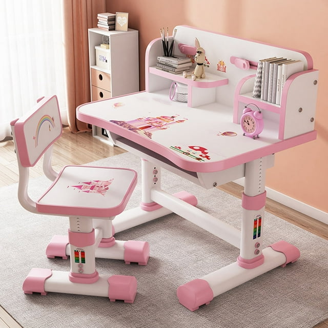 Aqzb Kids Desk Chair Set Adjustable Height Children School Study Table Chair Set with Drawer, Pink