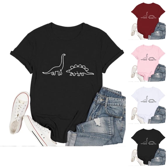 Cute Dinosaur Graphic Tees for Women 2026 Summer Casual Short Sleeve Crewneck T Shirts