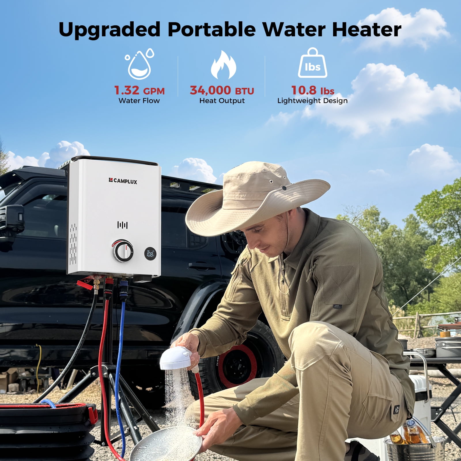 CAMPLUX First F5 Portable 1.32 GPM, 34,000 BTU Outdoor Propane Water Heater, Tankless Camping Water Heater with LCD Digital Display