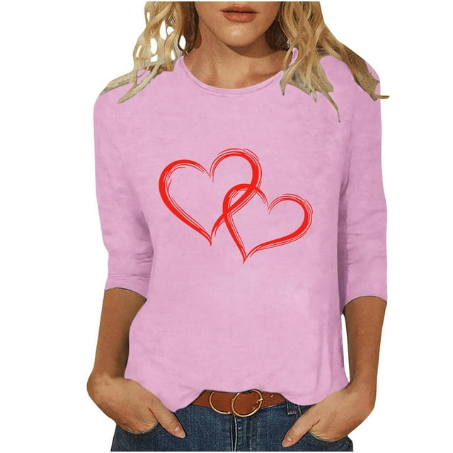RXMEKW 3/4 Sleeve Top, Ladies' Hearted-Printed Round Neck Tee