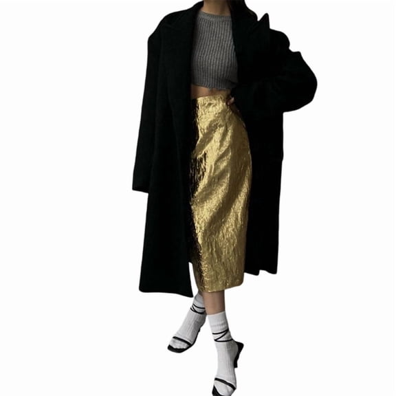 Jaimenalin Long Skirts for Women Trendy High Waisted A Line Casual Maxi Skirt Gold M