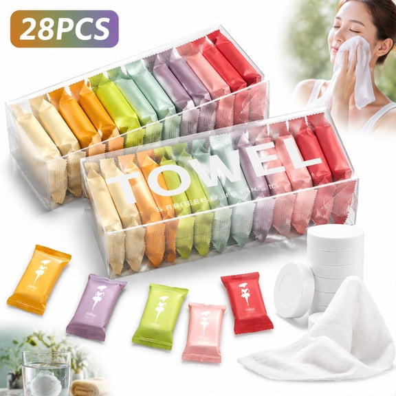 Emlimny 28Pcs Compressed Towels , Disposable Face Towel, Portable Compressed Towel Tablets for Face & Body, Super Absorbent Quick-Dry Washcloths, for Camping, Hiking, Gym, Hotel and Travel