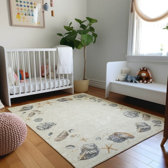 Addison Rugs Mayfield Washable Coastal Shell Border Oyster Rectangle Rug, 10' x 14'