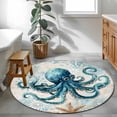 thumbnail image 4 of Teal Octopus Coastal Round Rugs 4ft, Summer Beach Vintage Nautical Non Slip Washable Rug Runner, Low Pile Indoor Floor Carpet Mat Bathroom Rugs for Living Room, Bedroom, Kids Room, 4 of 9