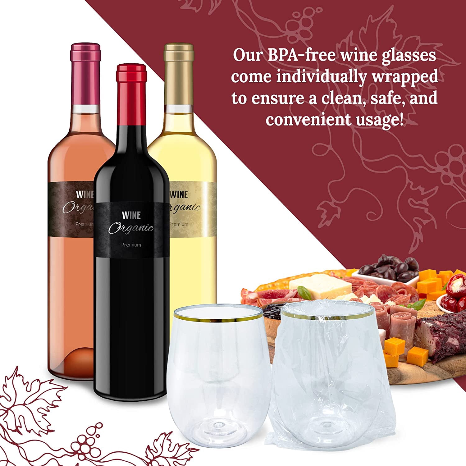 12oz. Disposable Wine Glasses Gold-Rim (20 Pack) Stemless Crystal Clear | Reusable & Recyclable BPA-Free Food-Grade Plastic | Shatterproof Party Cups for Juices, Cocktails, Whiskey Any Occasion