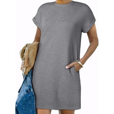 Eytino Dresses for Women Summer Dress Short Sleeve Solid Crew Neck T Shirt Mini Dresses Casual Beach Vacation Holiday Sundress with Pockets Gray