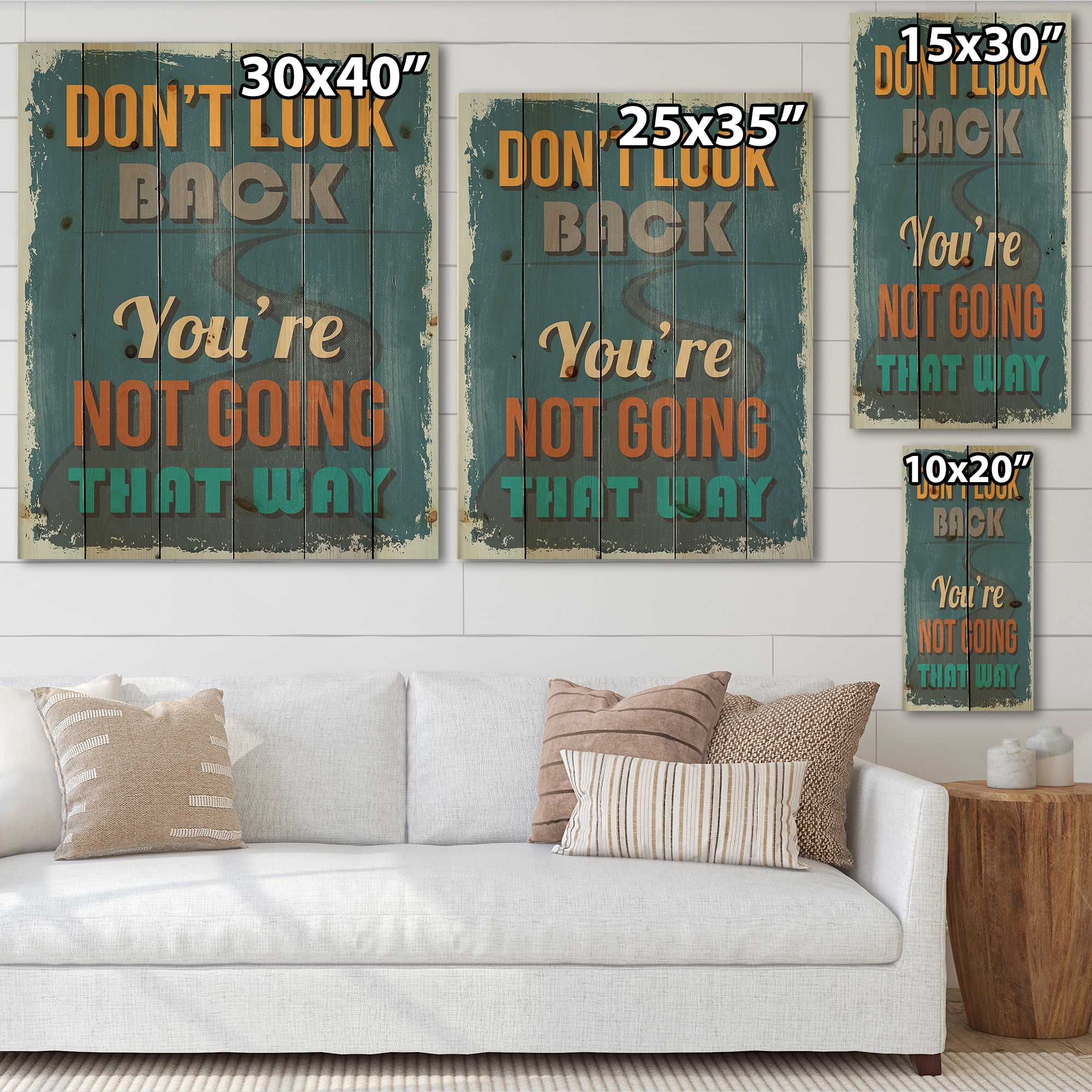 Designart 'Abstract Quote Don't Look Back You're Not Going That Way' Traditional Print on Natural Pine Wood