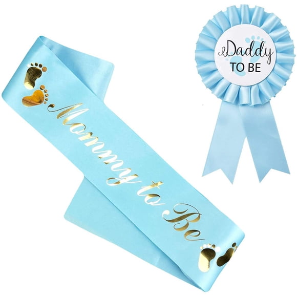 NEWHAPPYLAND Decoraciones de baby shower para niño Faja azul Mamá para ser y papá para ser Insignia de hojalata Pin Mamá para ser faja para baby shower Botón de baby shower Nuevo papá Fiesta de baby s