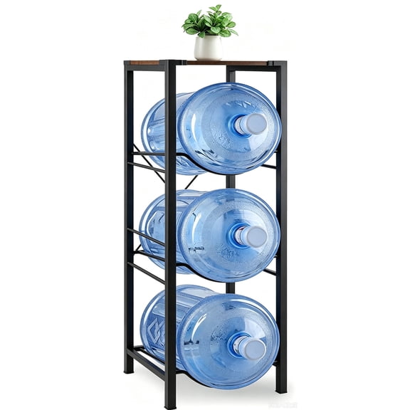 5 Gallon Water Jug Storage Rack 3 Tier Black Metal Stand with Wood Top for Water Bottles Home Kitchen Garage