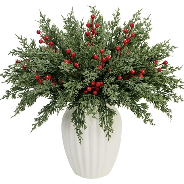 40 Pcs Branches de Pin Artificielles avec Pics de Baies Rouges 11 Pouces Verdure de Noël Fausses Feuilles de Genévrier Tiges de Pin Nordiques Aiguilles pour Bricolage Couronne Couronne Vase Remplissage Décoration Maison (40, Vert)