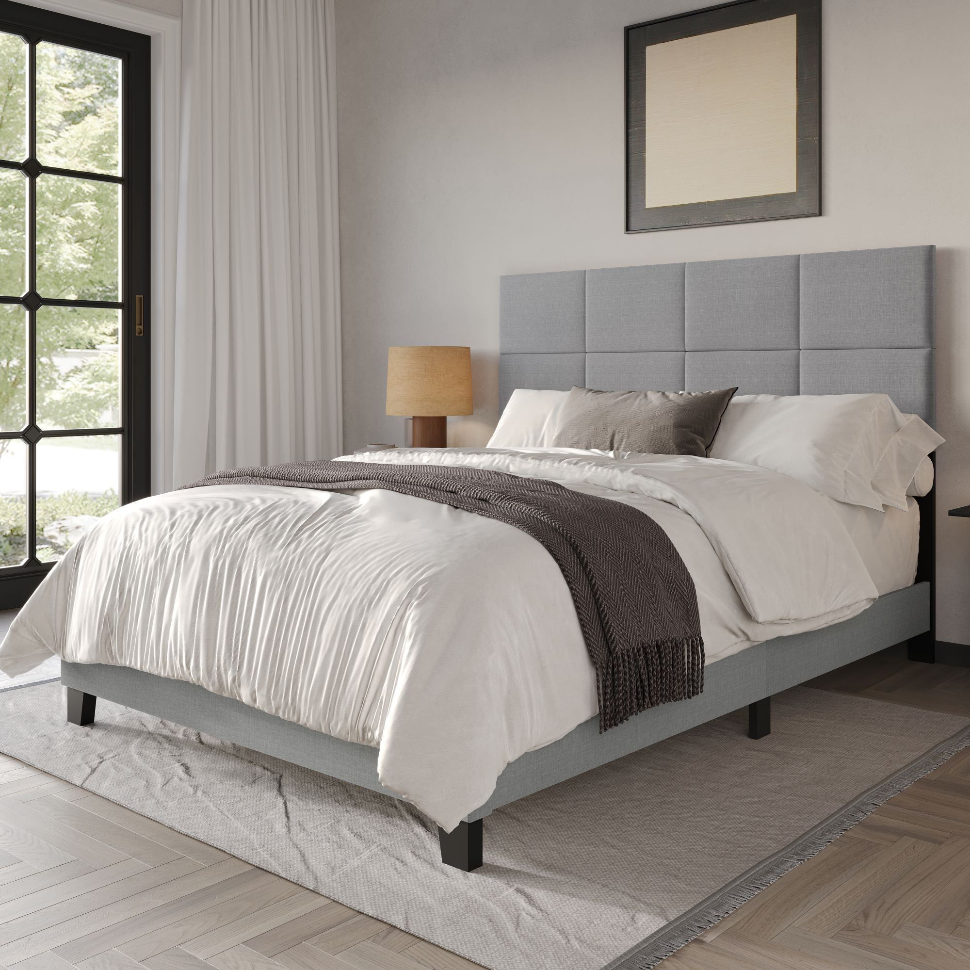 Home Design Lufkin Twin Upholstered Panel Bed Frame with Checkered Tufted Headboard & Foam-Filled Comfort, Gray, Easy Assembly