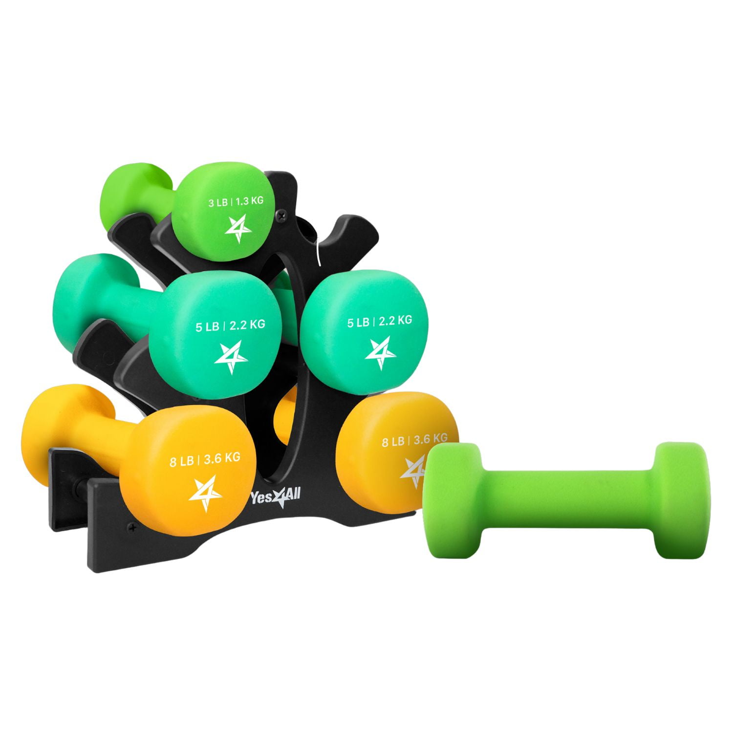 Yes4All 3-5-8 LBS Set of Neoprene Coated Dumbbells, Pair of Hand Weights for Women, Various Weight Options and 15 Color Choices with Plastic Rack