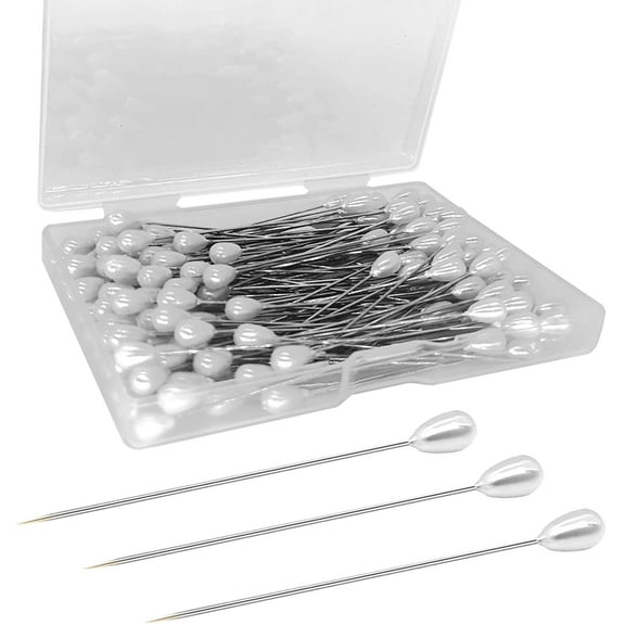 300PCS Corsage Pins, Teardrop Pearl Sewing Pins, Long 2inch Straight Sewing Wedding Bouquet Pins for Wedding, Jewelry DIY Decoration, Quilting and Craft (300Pcs, White)