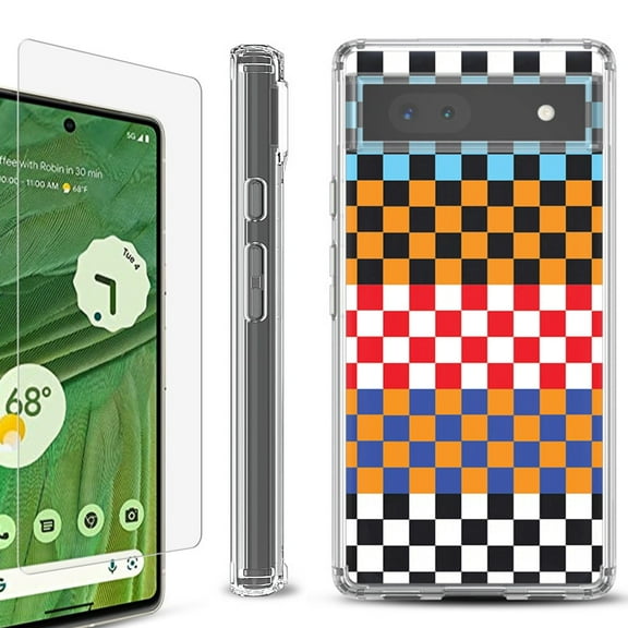 Shockproof Bumper Phone Case for Google Pixel 6a, with Tempered Glass Screen Protector, by OneToughShield ® - Colorful Checker