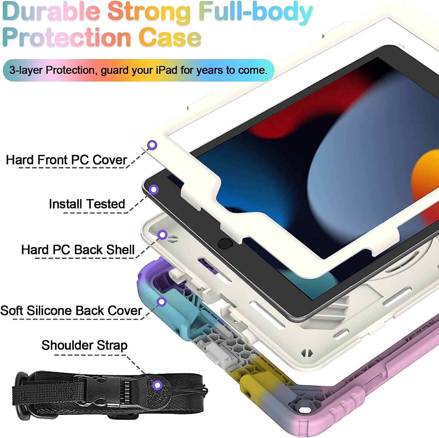 SUPNICE iPad 9th/8th/7th Generation Case, iPad 10.2 Case,Shockproof 360 Rotating Stand Hand Strap Pencil Holder Kids Case for iPad 10.2 inch 2021/2020/2019 - Rainbow