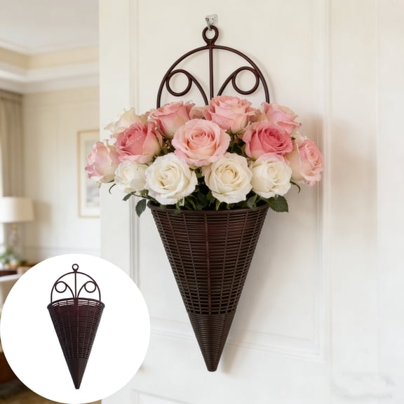 12.4in Conical Plastic Imitation Rattan Wall Mount Flower Basket, Vintage Scroll Design Hanging Wall Planter Pot for Artificial Fresh Flower Succulent Pothos Indoor Bedroom Garden Home Decor