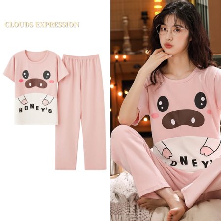 

QWZNDZGR Spring Summer Knitted Cotton Cartoon Women s Pajama Sets Short Sleeved Long Pants Plaid Sleepwear Kwaii Nighty 4XL Home Fashion