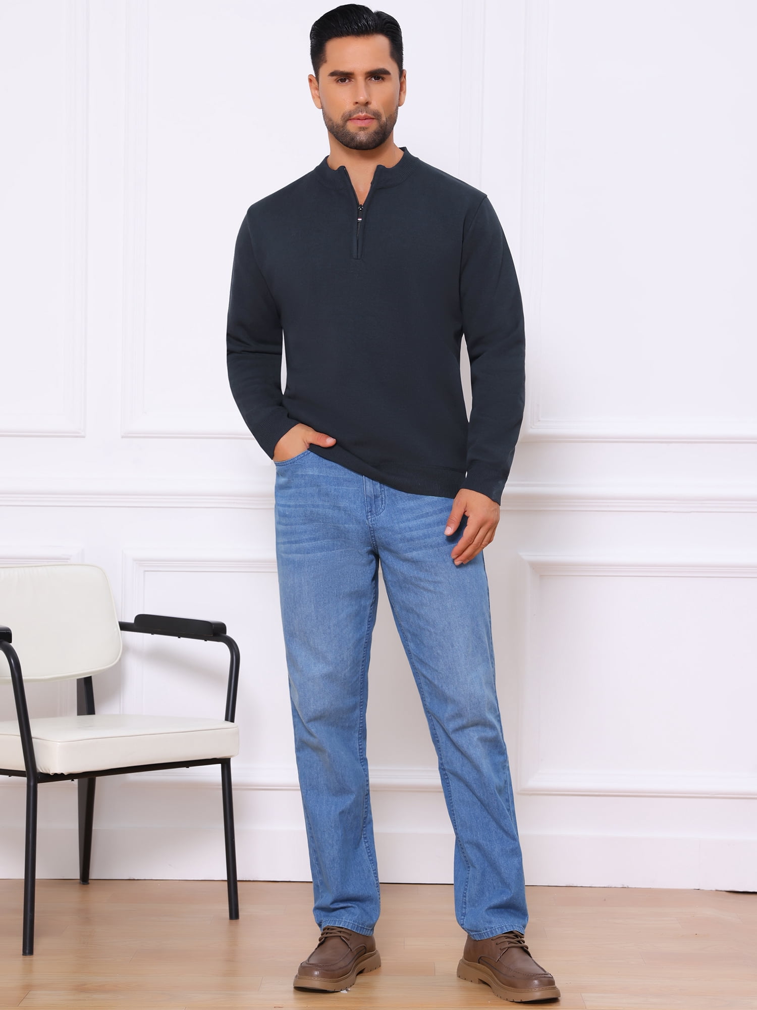 DARING DIVA Men's Mock Neck Pullover Quarter Zip Knitted Polo Sweater S Dark Blue