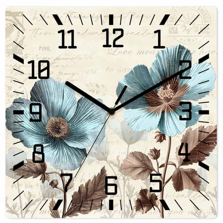 Teal Blue Tulip Wooden Wall Clock Silent Non Ticking, Vintage Brown Flowers Elegant Plant Square Wall Clocks Battery Operated, Decor Clock for Home Office, Living Room, Kitchen, 10 Inch