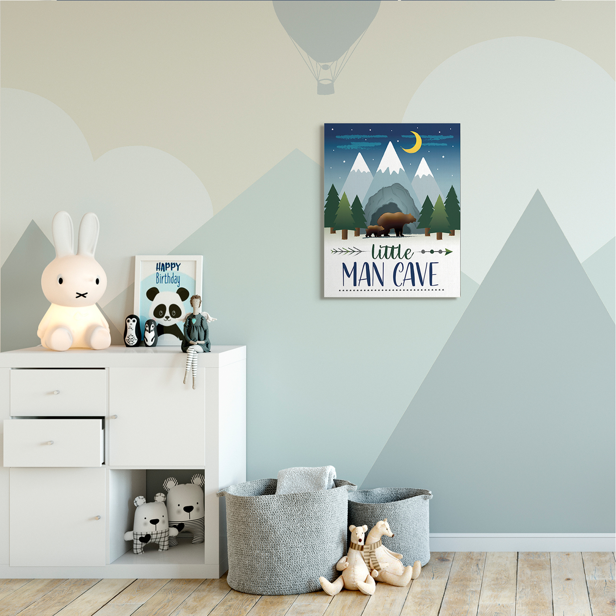 Stupell Industries Little Man Cave Sign Bears Walking by Mountains Animals & Insects Painting Gallery Wrapped Canvas Art Print Wall Art, 24 x 30