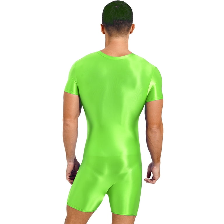 YIZYIF Mens Glossy Front Zipper Bodysuit Jumpsuit Spandex One-Piece Dance  Unitard Biketard Fluorescent Green XL 