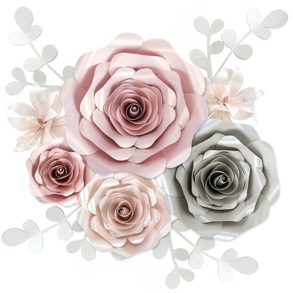Rainbows & Lilies 10pc Pink, Gray, & Ivory 3D Paper Flowers for Wall Decor, Wedding Backdrop, Baby Shower, Bridal Party - Premium Indoor Floral Decor