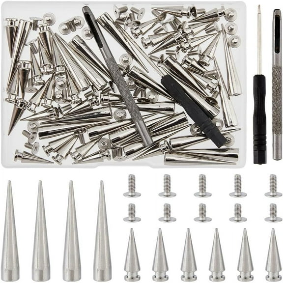 1 Box 50 Sets Long Punk Spikes and Studs for Clothes Large Leather Rivets Screwback Studs with Screwdriver and Hole Craft Silver Cone Spikes for Cosplay Clothing Shoes Belts Bags Dog Collars Platinum