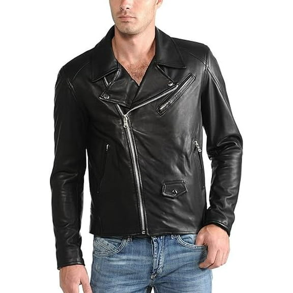 Men's Genuine Black Lambskin Leather Jacket Slim fit Biker Motorcycle jacket A360