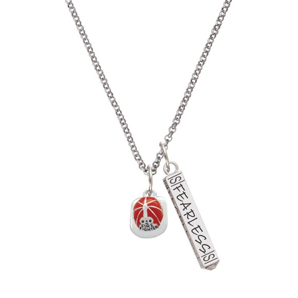 Delight Jewelry Silvertone Red Enamel Firefighter Helmet Silvertone Fearless Bar Charm Necklace, 23"