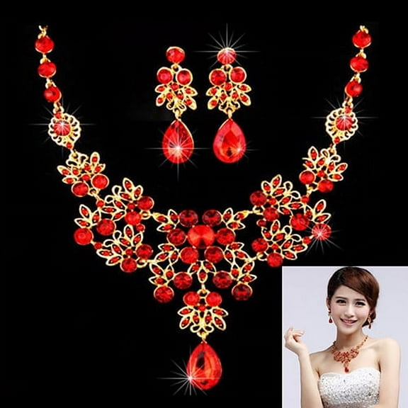 rygai Bridal Wedding Party Red Golden Color Alloy Pendant Necklace Earrings Set,Red