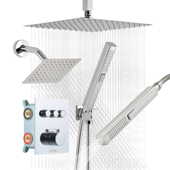VEVOR Shower Faucet Set, 12 Inch Thermostatic Ceiling Mount Rainfall Shower System with 6 Inch Wall Mount Head and 2 in 1 Handheld Spray, 3-Function Dual Rain Head Brass Valve and Trim Kit, Chrome