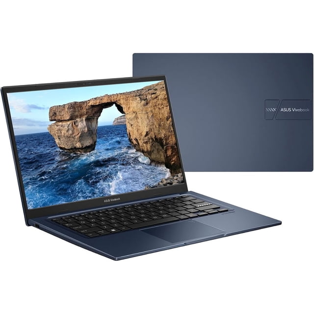 ordenador portátil asus vivobook 14 fhd, 16 gb de ram, ssd de 1 tb, intel i3-1215u vista 3/4 frontal abierta con pantalla FHD mostrando paisaje marino, teclado en español y touchpad central, chasis azul oscuro con logo ASUS Vivobook en la tapa; también adecuado para uso portátil diario y tareas de oficina ligera.